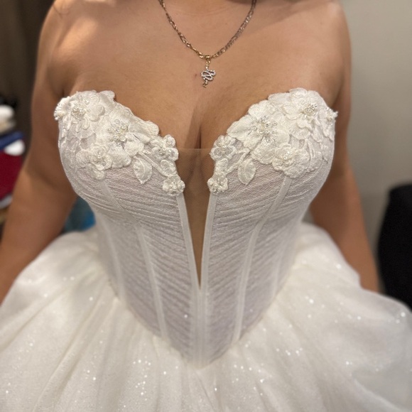 Stella York Strapless White Gown with Floral Accents